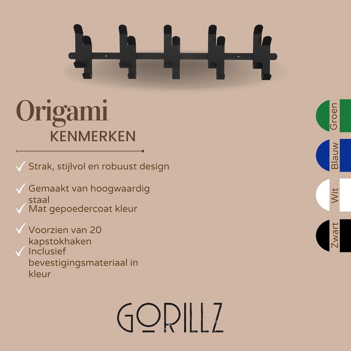 Wandkapstok met 20 Haken - Groene Stijlvolle Kapstok voor Hal en Gang