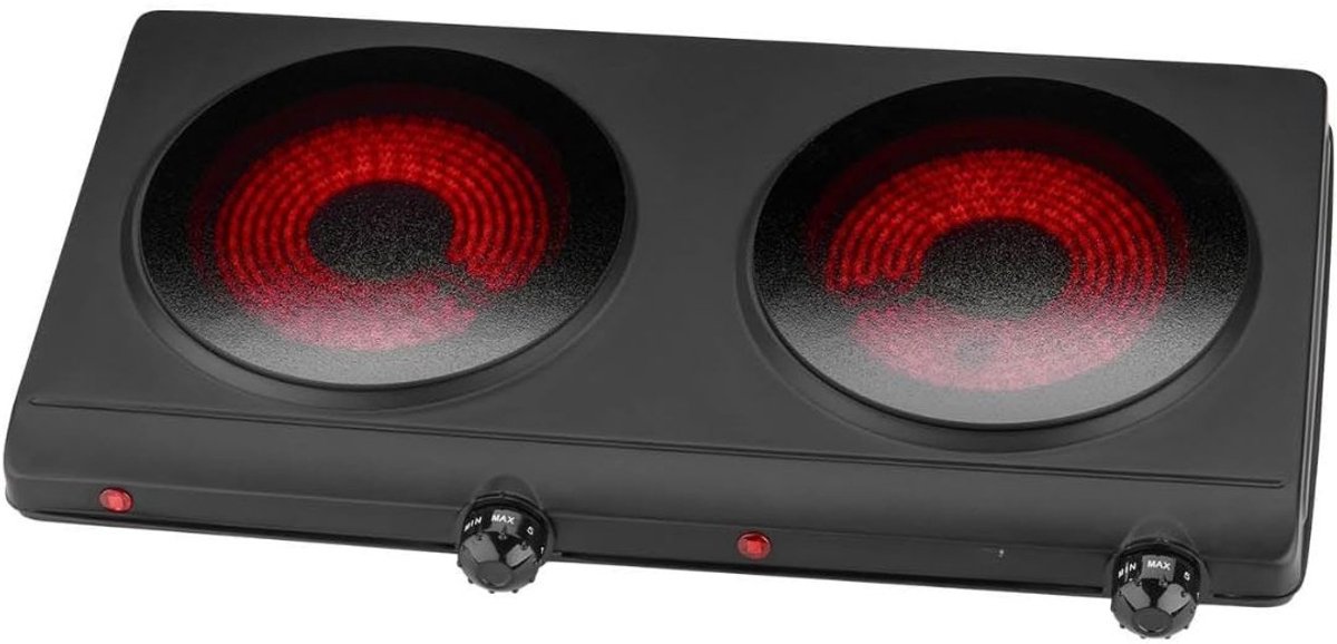 Zyrex® Elektrische Kookplaat 2 Pits - Elektrische Fornuis - Elektrische Kookplaat Vrijstaand - 2 Kookzones - Kinderslot - Zwart - 50cm x 50cm x 28 cm