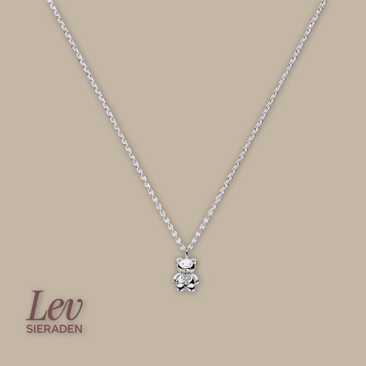 Lev Sieraden - Ketting - Anker Collier met beertje en steen - Zilver - Zirkonia - 1.1 mm 36 + 4 cm - Gerhodineerd zilver - Ketting