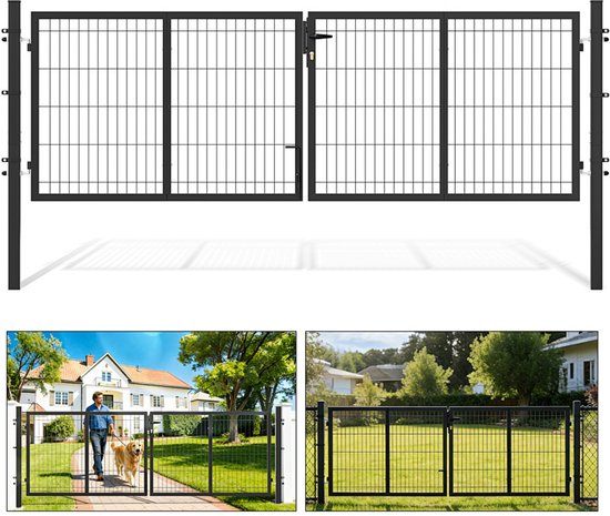 Portail double en métal noir avec un motif de grille épuré, posé sur une pelouse.