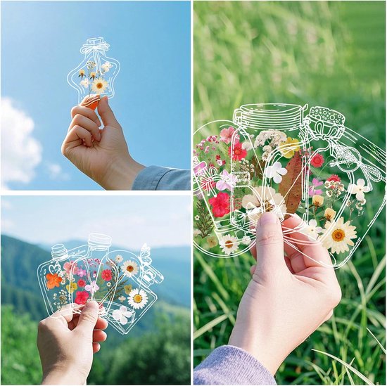 Signets transparents en Fleurs séchées - DIY - Marque - pages DIY- Fleurs séchées transparentes - Spécimens de plantes faits main - Artisanat - Cadeaux de rentrée - 20 bouteilles à souhaits + 50 fleurs séchées