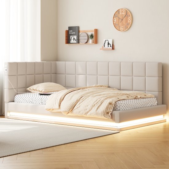 Gestoffeerde slaapbank 90x200, multifunctioneel bed met led-strip, USB-aansluiting en lattenbodem, huidvriendelijke beige fluwelen stof