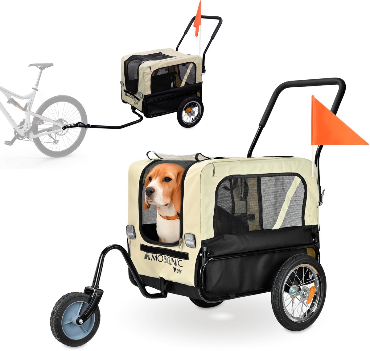Mobiclinic Bark - Hondenfietskar - Fietskar - Tot 40Kg - 110 x 54 x 94 cm - Opvouwbaar met Reflectoren - Waterdichte hoes - Wit en Zwart