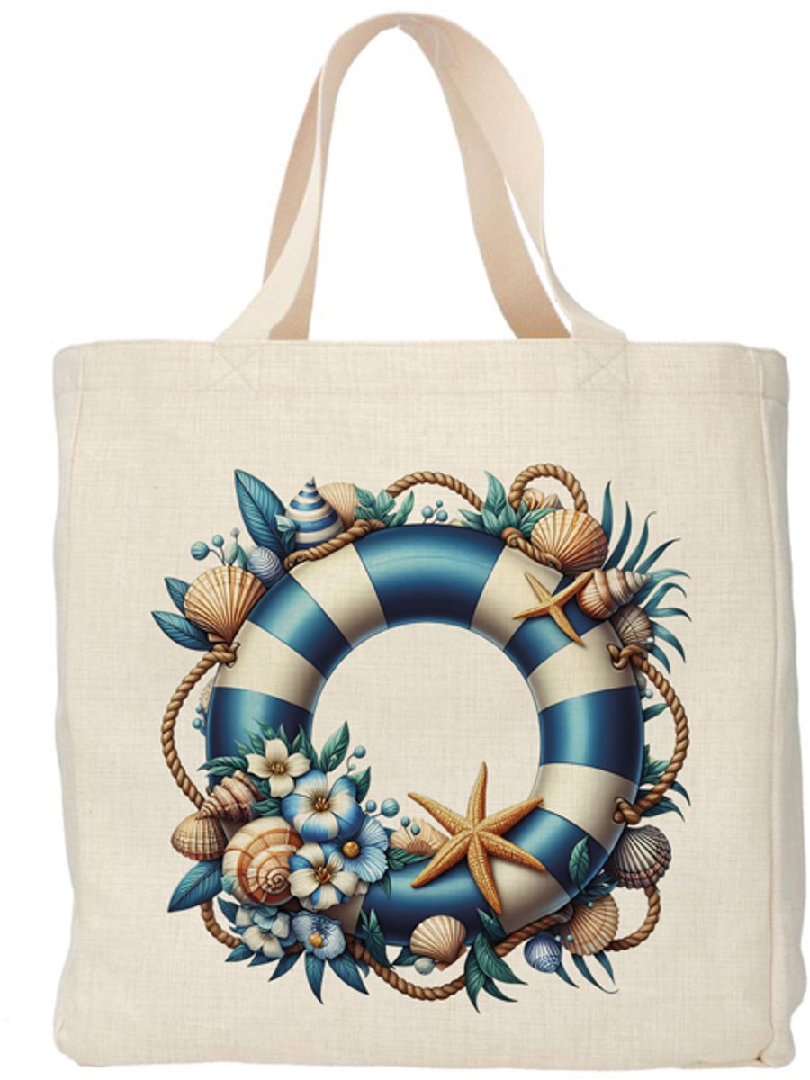Shopper - Totebag - Boodschappentas | Beach Life -Boei met schelpen | Duurzaam - Linnenlook - 48x38cm