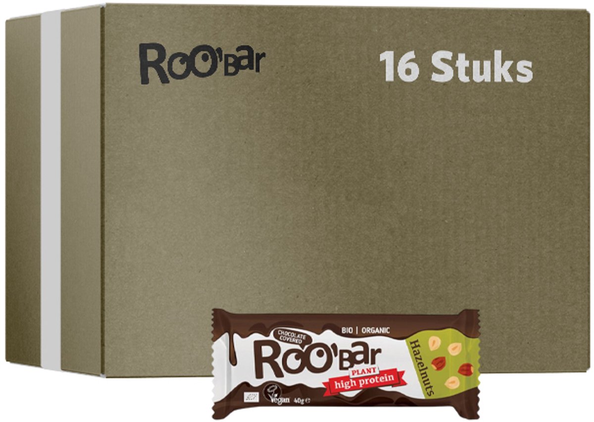 Roo'Bar | High Protein | Chocolate Covered | Hazelnuts Bar | 16 stuks | 16 x 40 gram