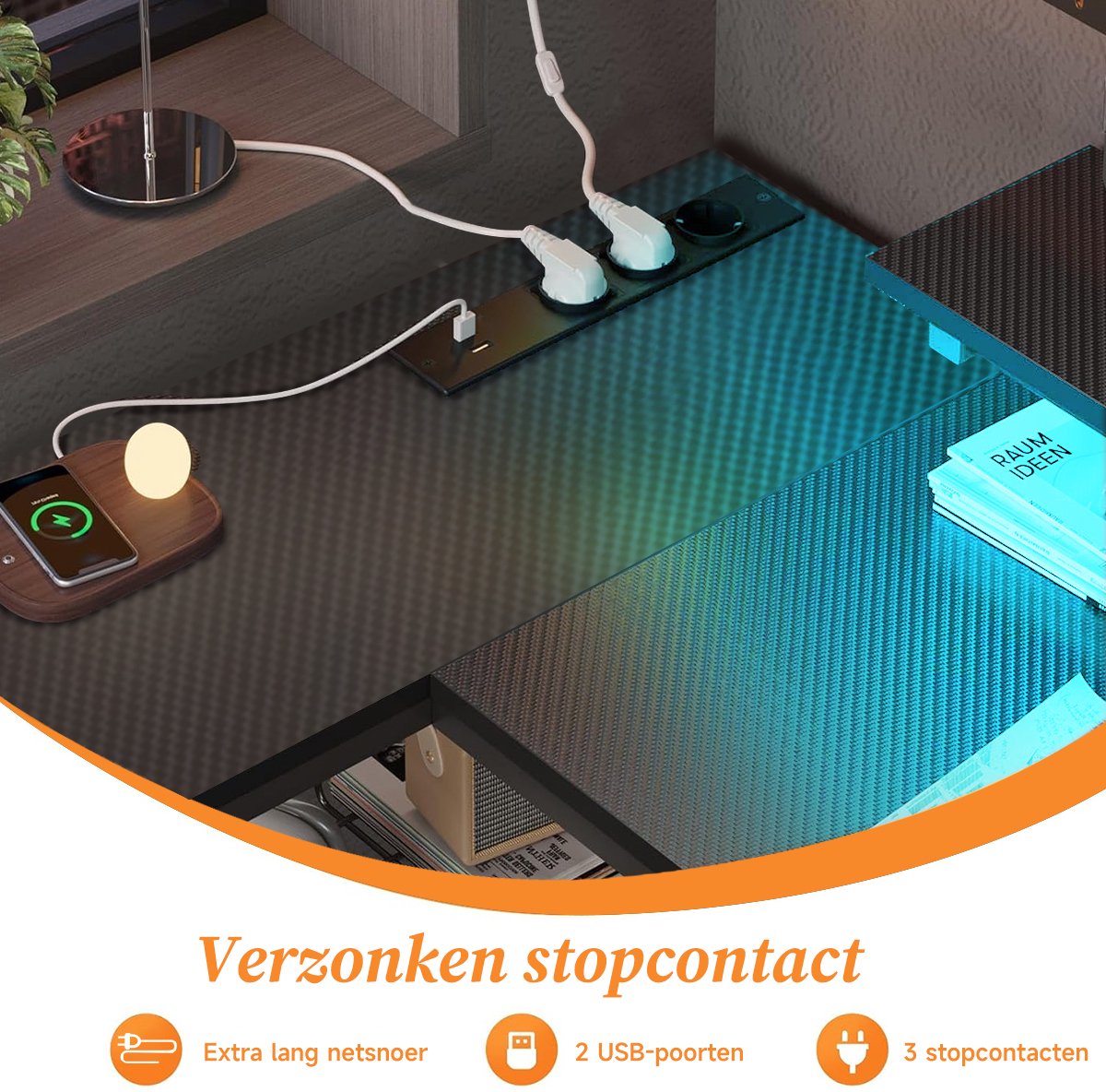 Gaming Bureau met LED Verlichting - 120x120x75cm - L-Vormig Game Bureau met Stopcontact - 2 Non Woven Lade - Gaming Desk - Computer Tafel - Gaming Tafel - Bureau voor Gamen, Studeren en Werken - Zwart thumbnail 6
