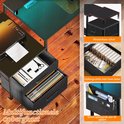 Multifunctionele opbergkast met twee lades en zijvak, onder een bureau met printer.