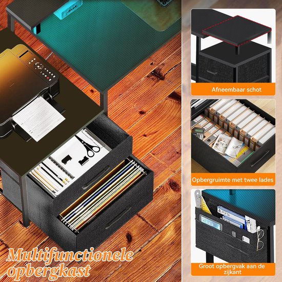 Multifunctionele opbergkast met twee lades en zijvak, onder een bureau met printer.
