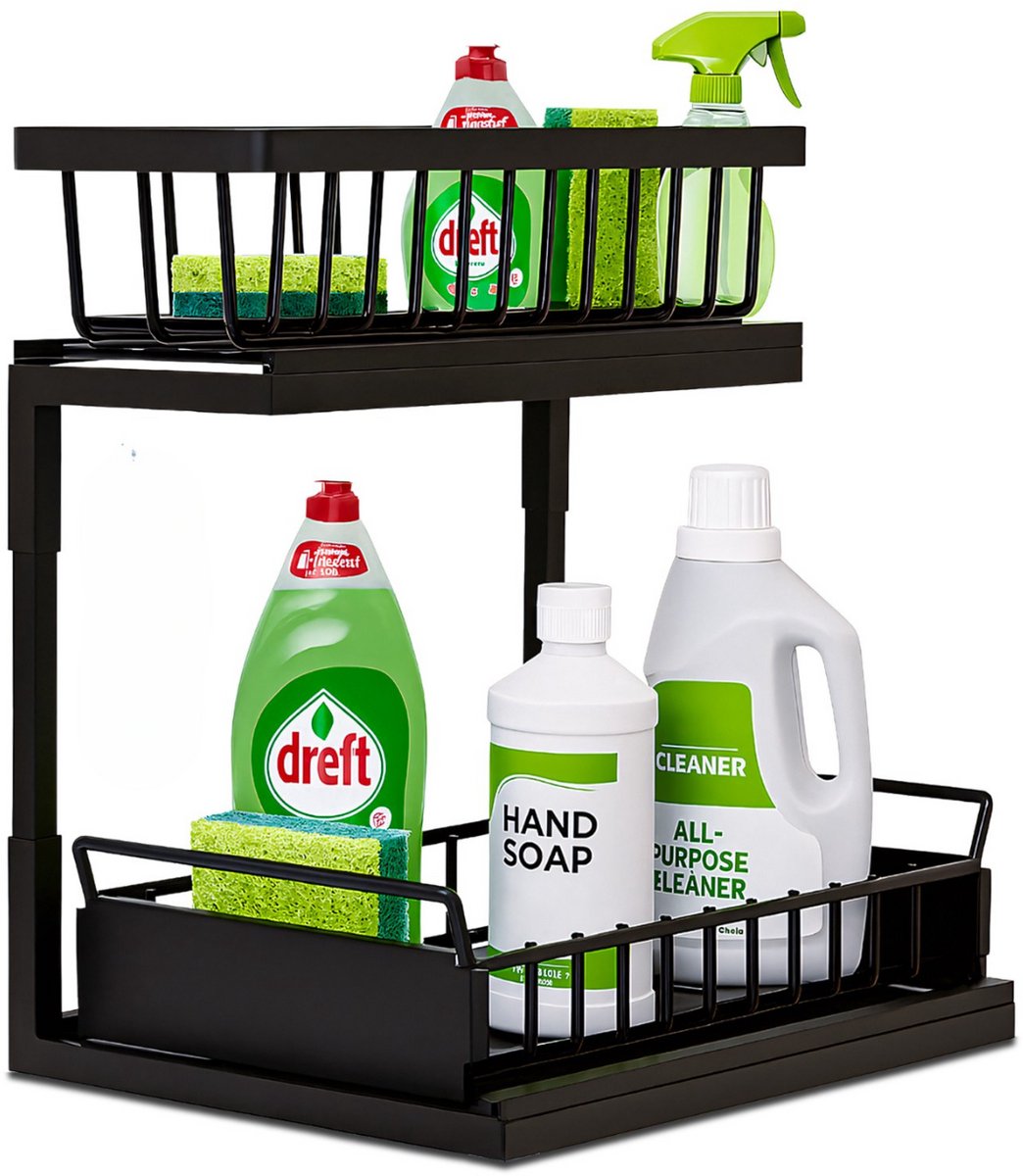 SEPH Gootsteenkast Organizer - Keukenkast Organizer - Gootsteenrek - Aanrecht Organiser - Keuken Organizers - Badkamer organizer - Uitschuifbare lade- Gootsteenkast - Zwart Design - 36.5x27x37.5cm