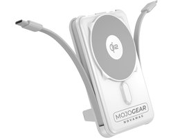MOJOGEAR NovaMag All-in-1 Powerbank 10.000 mAh – Draadloos Qi2 supersnel opladen - Ingebouwde USB-C en Lightning kabel – Geschikt voor iPhone en Samsung - MagSafe powerbank - LED-indicator - Wit