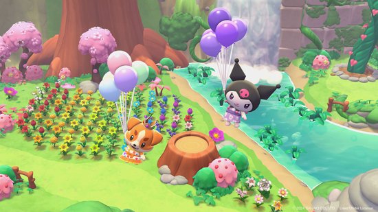 Sanrio-personages Kuromi en een hondje zweven aan ballonnen boven een bloemenveld en waterval.