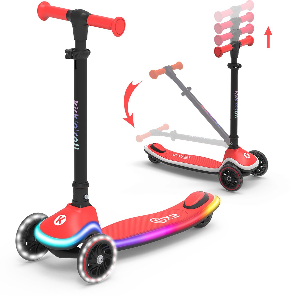 Kick'n'Roll X2 Kinderstep - Red, 3 wielen, LED-verlichting in het board, in hoogte verstelbaar.