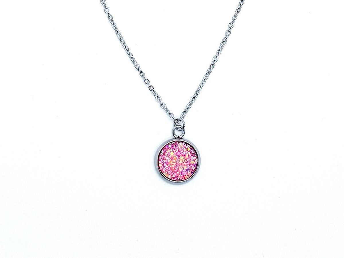 Ketting Meisje-Zilveren Ketting Roze Pendant- Glitterketting- Meisjesketting glitter roze - Diamant Disc- Roze- Kind- LiLaLove