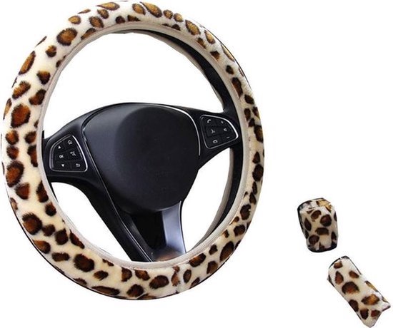 Set de volant pour voiture 37-39 cm - Peluche léopard - 3 pièces - Kasey Products