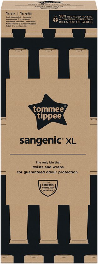 De verpakking van de Tommee Tippee Sangenic XL luieremmer, gemaakt van karton met een illustratie van luieremmers.