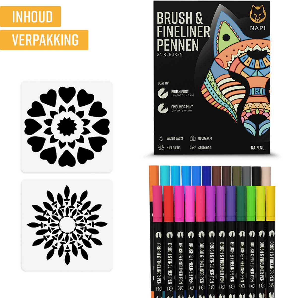 NAPI Twinmarkers - 24 Stiften voor Volwassenen - Dubbelzijdige Brushpennen - Fineliners Kleur - Viltstiften Handlettering - Bullet Journal Accessoires - Brush Pennen Aquarel - Markers Kinderen - Markeerstiften Incl. 2 Mandala Sjablonen — afbeelding 8
