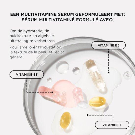 Drie capsules met vitamine B5, B3 en E in een schaal met serum. De capsules zijn roze en geel.
