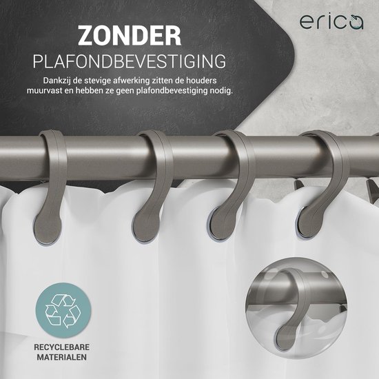 Erica Douchegordijnstangen 85x95x85 cm, Wand Douchegordijnstang zonder Plafondbevestiging - PVC Vrij Kunststof Gecoat, Douchestang 100% Roestvrij Staal. Mat Zilver