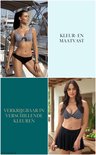 Collage : femme sur un bateau en bikini rayé, texte 'Couleur et taille stables', femme en bikini tropical, femme en bikini à pois.