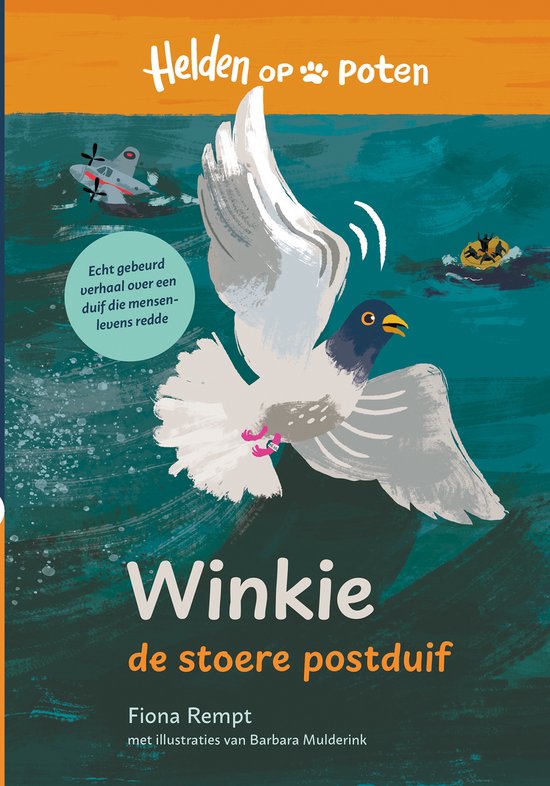 Boekomslag met grijze postduif die boven water vliegt, naast een vliegtuigje en reddingsboei. Tekst: "Winkie de stoere postduif".