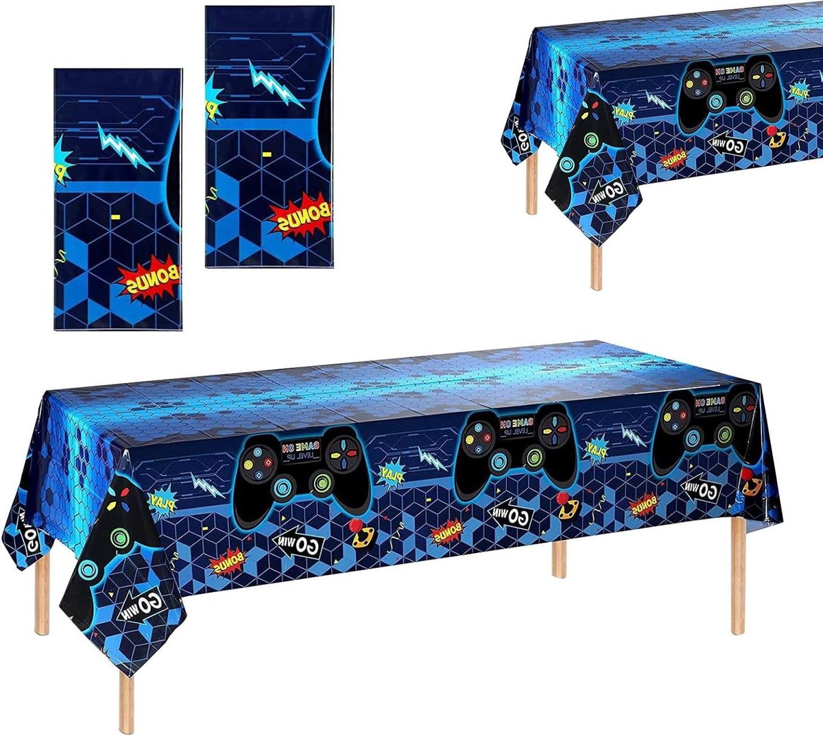 Allecto Plus - Videospel Tafelkleden 2 stuks | Gamefeest Tafelkleden voor jongens en meisjes | Blauwe Verjaardagstafelkleed | Feestdecoraties | Feesttafel voor spelers | Kinderen van Spelers | Videospelfeest