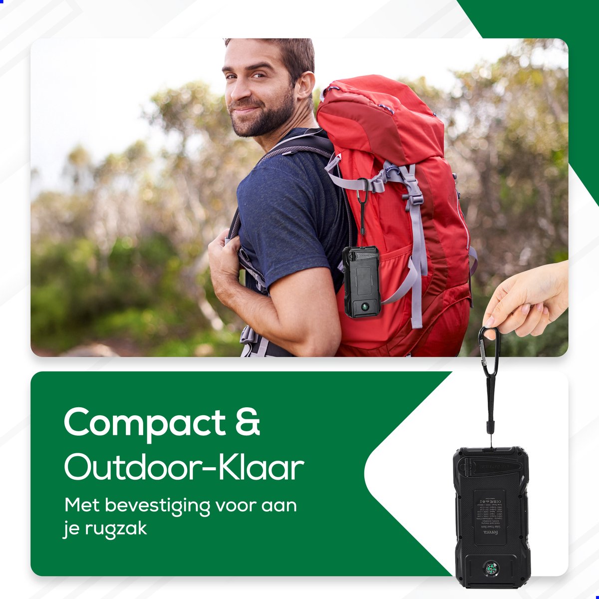 Ferera Solar Powerbank - Opwindbaar & Standaard Laden - 10.000 mAh - Noodpakket - Zonne-energie - Solar Charger - Inclusief Kabels