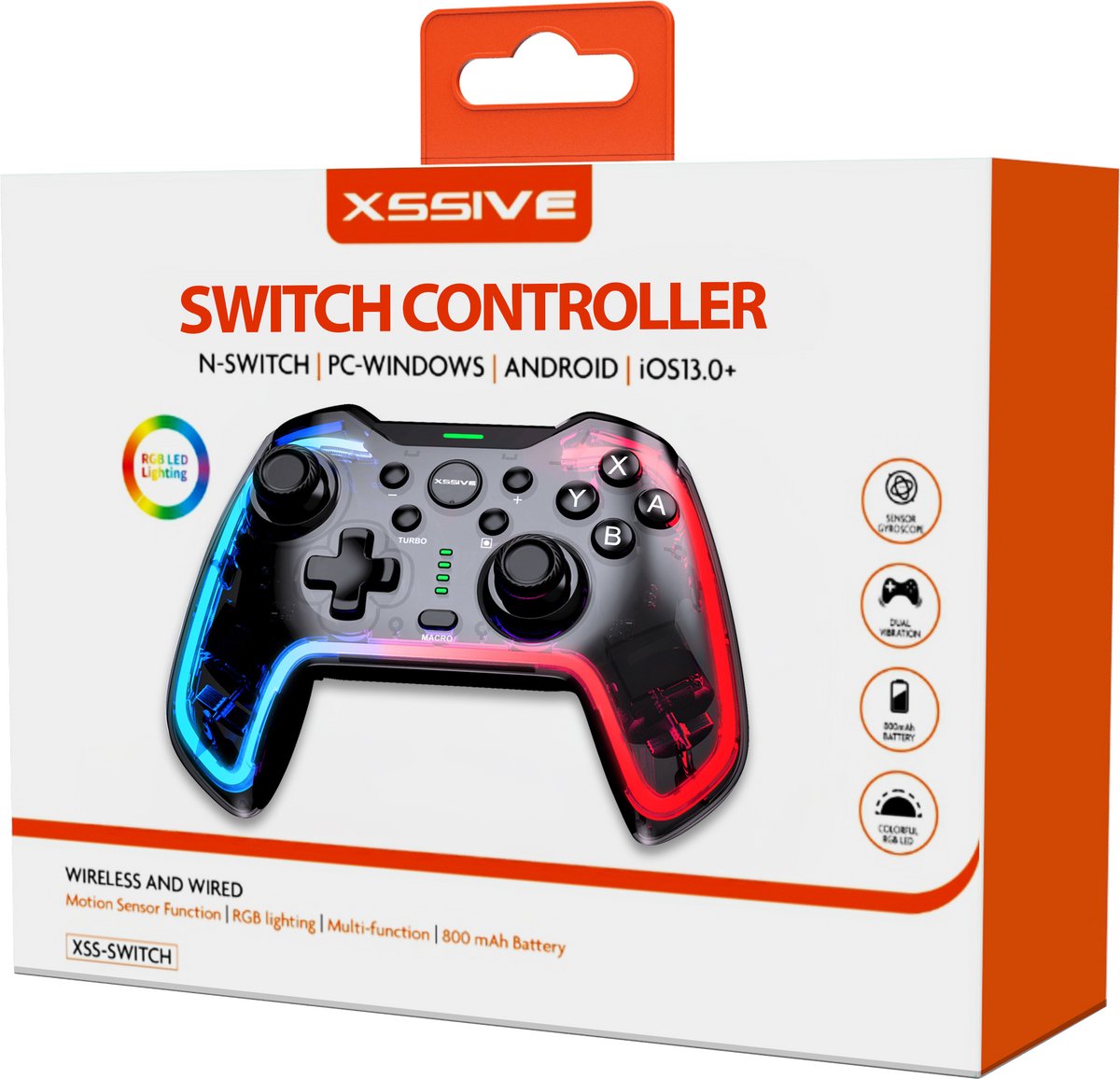 Xssive Draadloze Controller geschikt voor Nintendo Switch 2/1 - Pro Controller met RGB Verlichting, Macro & Turbo knoppen - Transparant