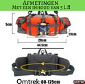 Gozyno heuptas 5L in oranje en grijs, met afmetingen 28x5x11cm en heupomtrek 60-125cm.