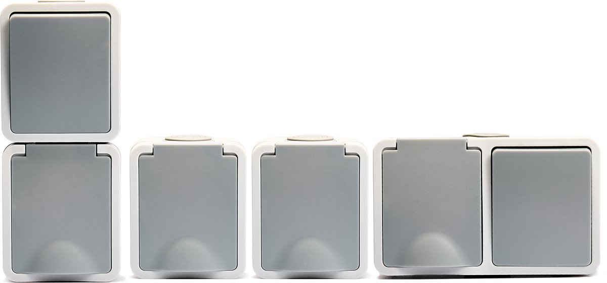 McPower Fix - Set van 4 - 1x Combinatie (schakelaar+stopcontact)Verticaal - 1x Combinatie (stopcontact+schakelaar) Horizontaal - 2x Enkele stopcontact - Opbouw - Grijs