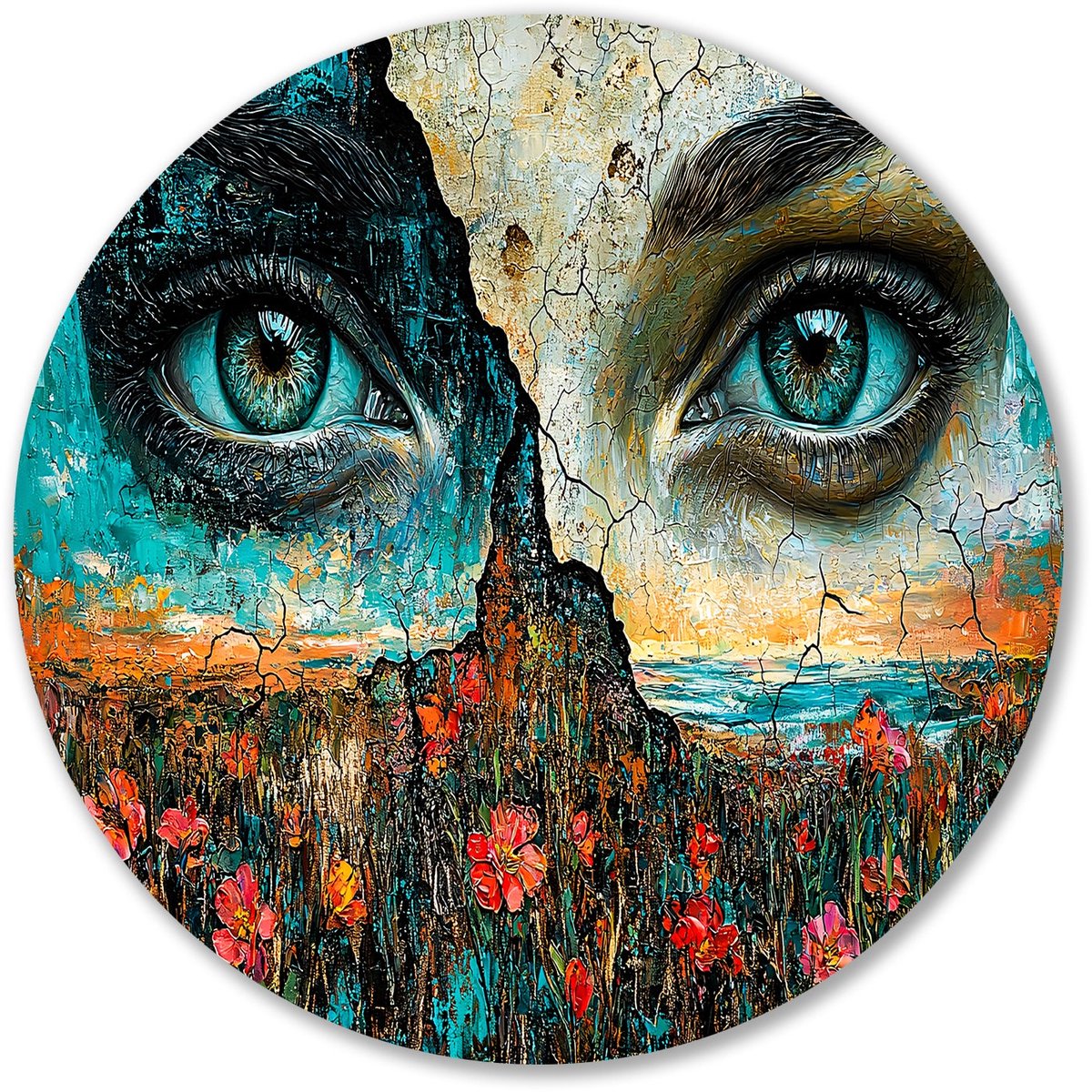 Krachtige ogen in surrealistisch landschap - Landschap muurdecoratie rond - Wandschalen og