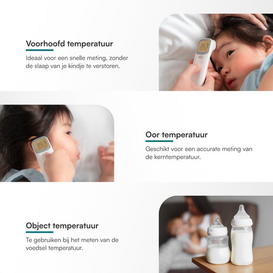 Infrarood thermometer in gebruik bij een slapend kind, zowel voorhoofd- als oormeting. Ook wordt een flesje met melk gemeten.