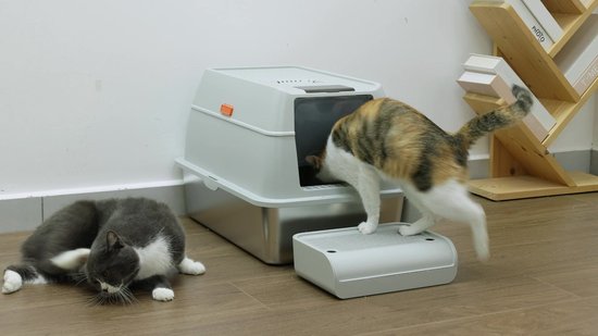 Jake and Jacky RVS Kattenbak - Kattentoilet Roestvrijstaal - Incl. Kattenbakschep met Houder en Gritopvang Opstapje - 2 in 1 Open Kattenbak met Afneembare Deksel - 60x40x38cm - Grijs