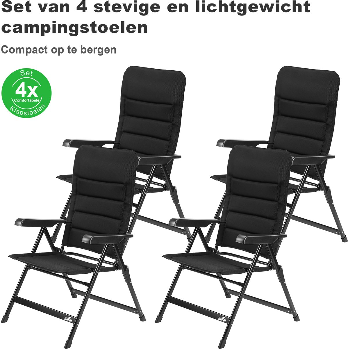 Bardi 4 Stuks Luxe Campingstoelen - 7 standen - Comfortabele Kampeerstoel - 120 kg draagvermogen - Ligstand - Inklapbare stoel - Klapstoel - Lichtgewicht - ZWART