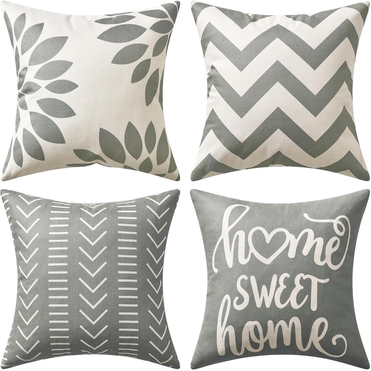 Ibenzoa Set van 4 stijlvolle waterafstotende kussenhoezen voor buitengebruik met modern design, 45 x 45 cm grijs