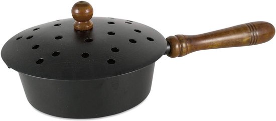 Wierookpan zwart met houten handvat - scharnierend deksel