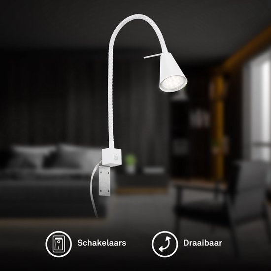 ACMHNC Houten wandlamp, leeslamp, 3 W, led, wandlampen met schakelaar, flexibele zwanenhals, slaapkamer, bedlamp, 4000 K, wandlamp, spot, leeslamp voor studio-lezen, wit