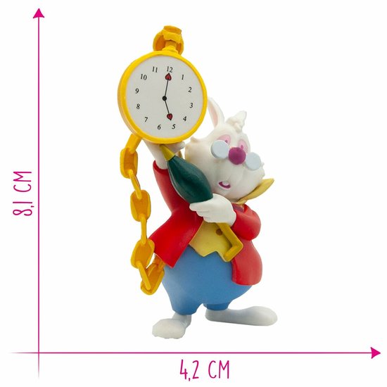 Wit konijn met bril, rode jas, gele das en een horloge met wijzers op 10:10. Afmetingen 8,1 x 4,2 cm.