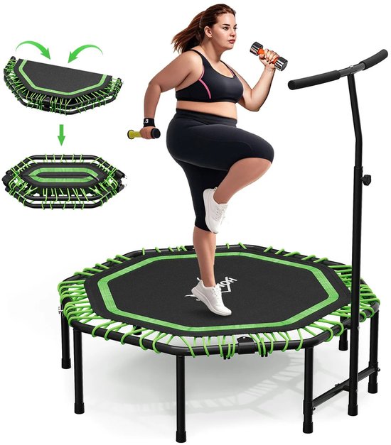 Borvat® - Fitness Trampoline - Verstelbaar Fitness Trampoline met Handgreep – Stille, Opvouwbare & Gewrichtsbesparende Trampoline voor het Gezin