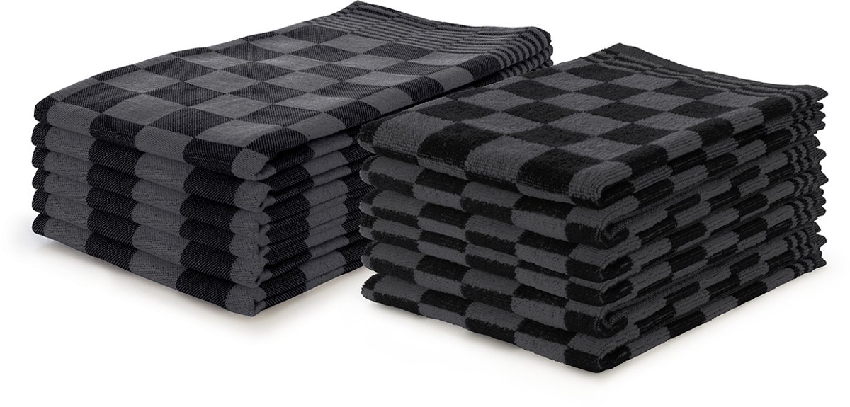 Bol.com LINNICK Theedoeken en Keukendoeken Set Zwart - Set van 12 – Geblokt – Blokdoeken – 100% katoen – 6 Horeca Theedoeken – 6... aanbieding