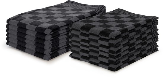 LINNICK Theedoeken en Keukendoeken Set Zwart - Set van 12 – Geblokt – Blokdoeken – 100% katoen – 6 Horeca Theedoeken – 65x65cm - 6 Keukendoeken - 50x50cm