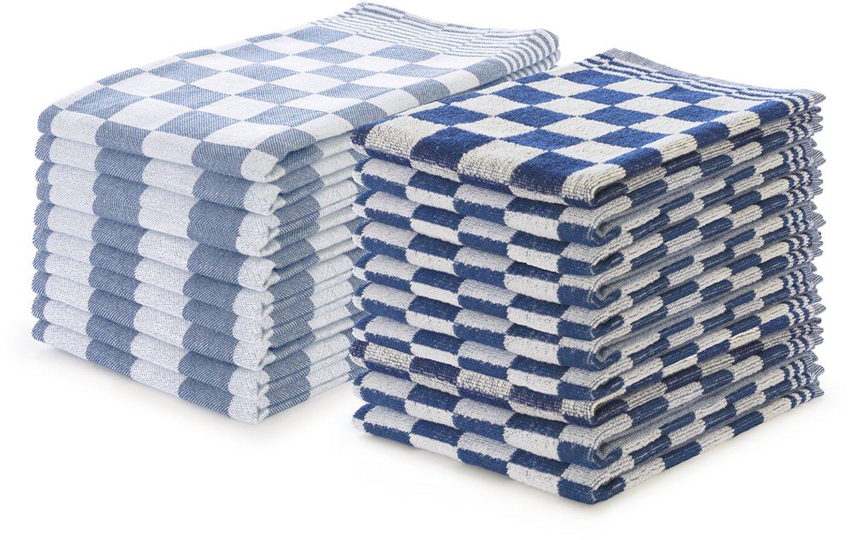 LINNICK Theedoeken en Keukendoeken Set Blauw - set van 20 – Geblokt – Blokdoeken – 100% katoen – 10 Horeca Theedoeken – 65x65cm - 10 Keukendoeken - 50x50cm