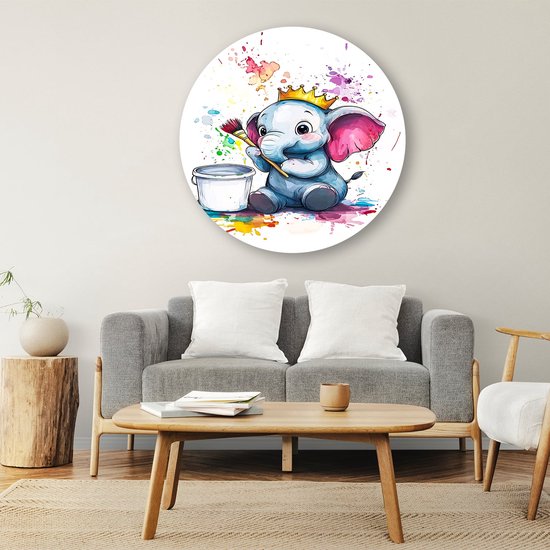 Schattige babyolifant met kleuren - Olifant wanddecoratie rond - Rond kunstwerk dieren - Aquarel - Forex kunstwerk cirkel - Metalen wanddecoratie - Muurcirkel forex 80x80 cm