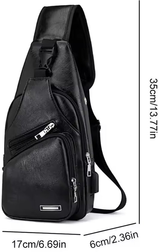 Zwarte kunstleren schoudertas met ritsen en USB-poort, met afmetingen 35x17x6cm.