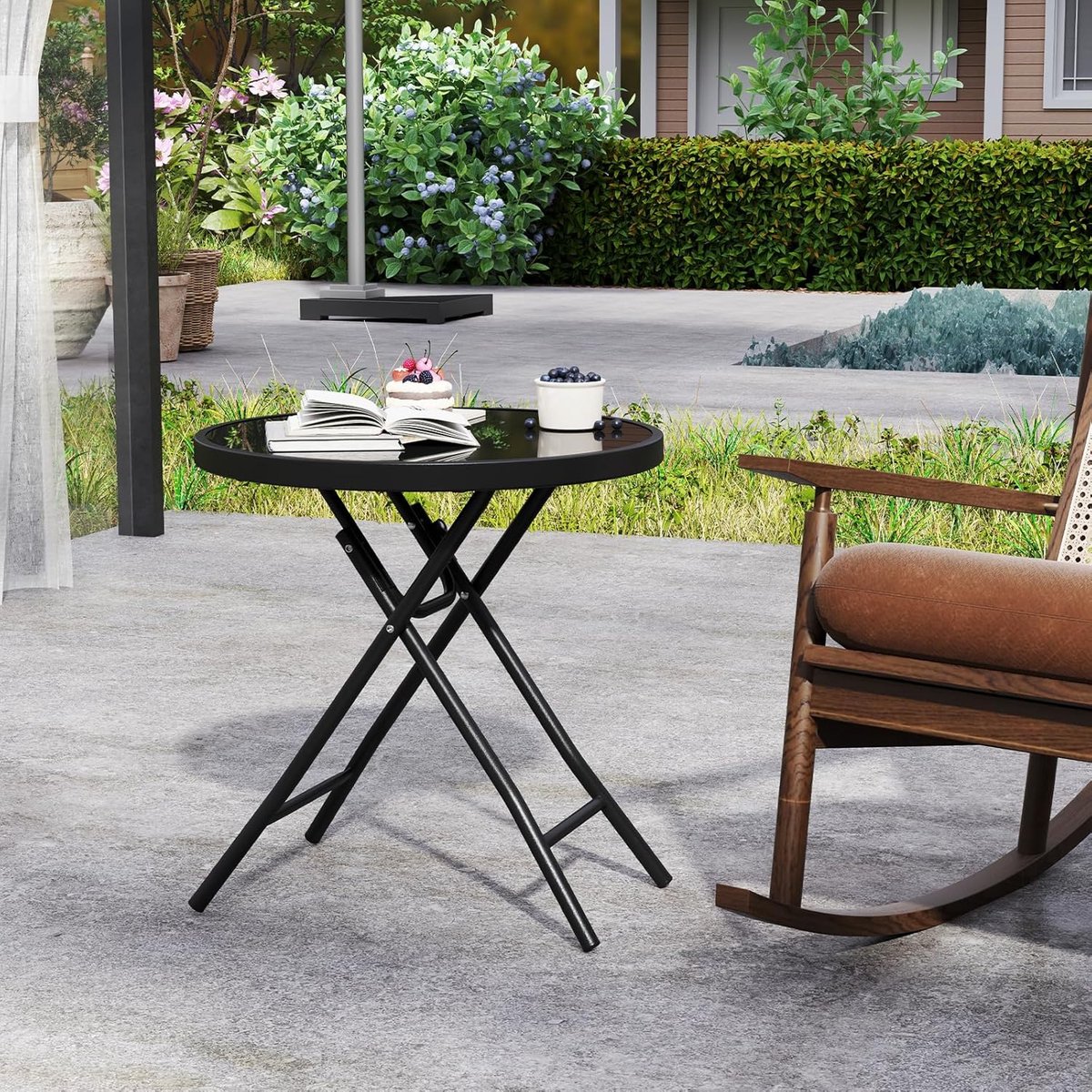 COSTWAY Bijzettafel inklapbaar, kleine klaptafel, tuintafel, ronde balkontafel eettafel voor balkon, tuin, terras, zwart thumbnail 5
