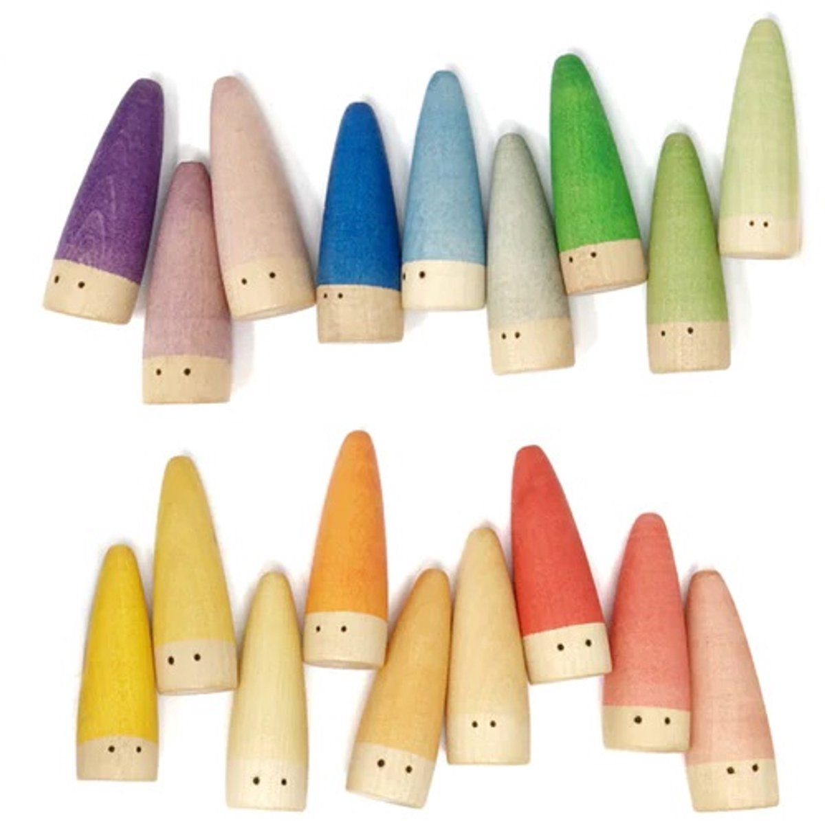 Houten figuren - Kabouters - Sticks - Pastelkleuren en regenboogkleuren- 18 stuks - Open einde speelgoed - Educatief montessori speelgoed - Grapat en Grimms style