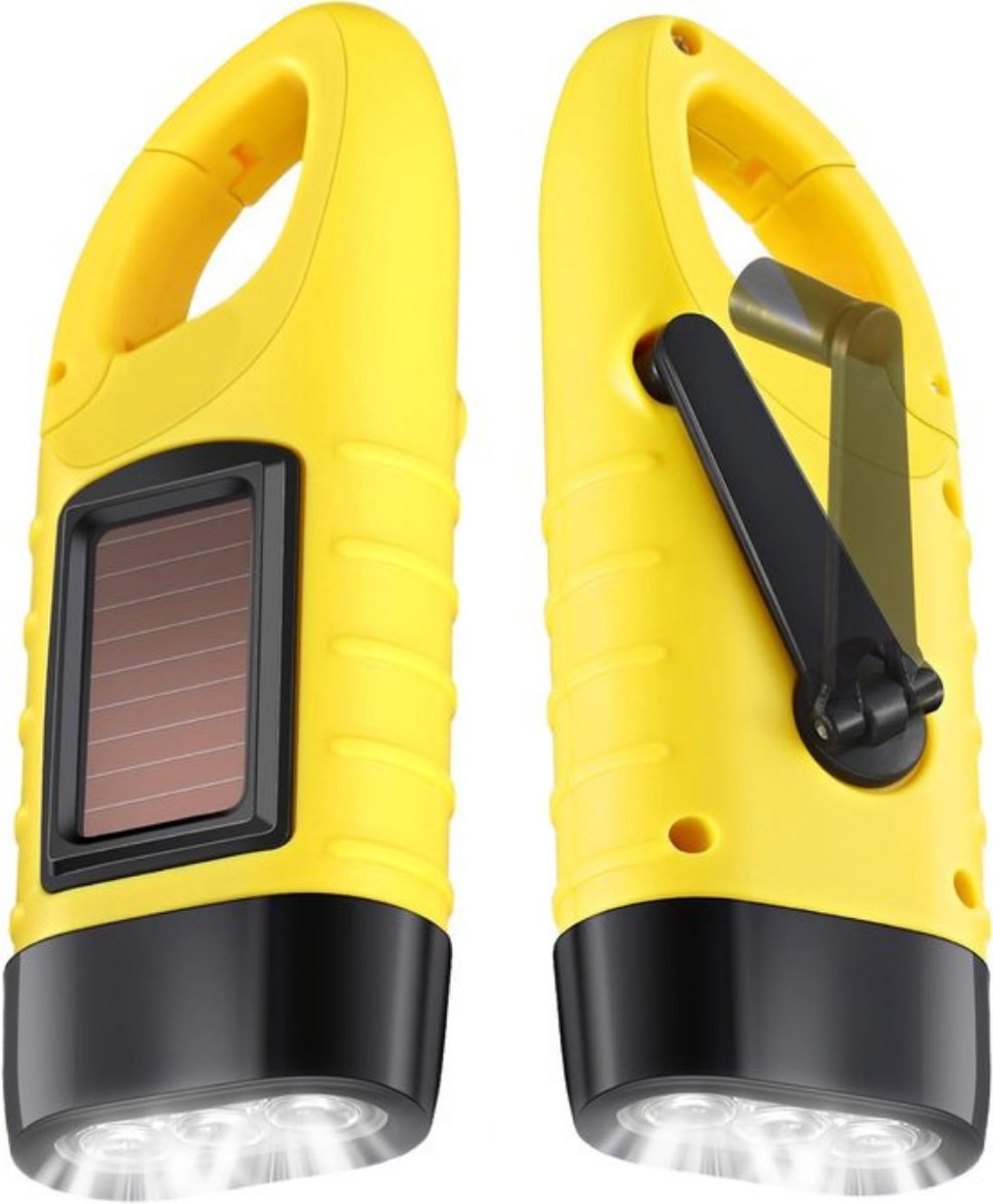 JustValue Opwindbare Zaklamp - Militaire zaklamp - LED Knijpkat - Noodverlichting - Dynamo - Zonne-energie - Solar - Geel