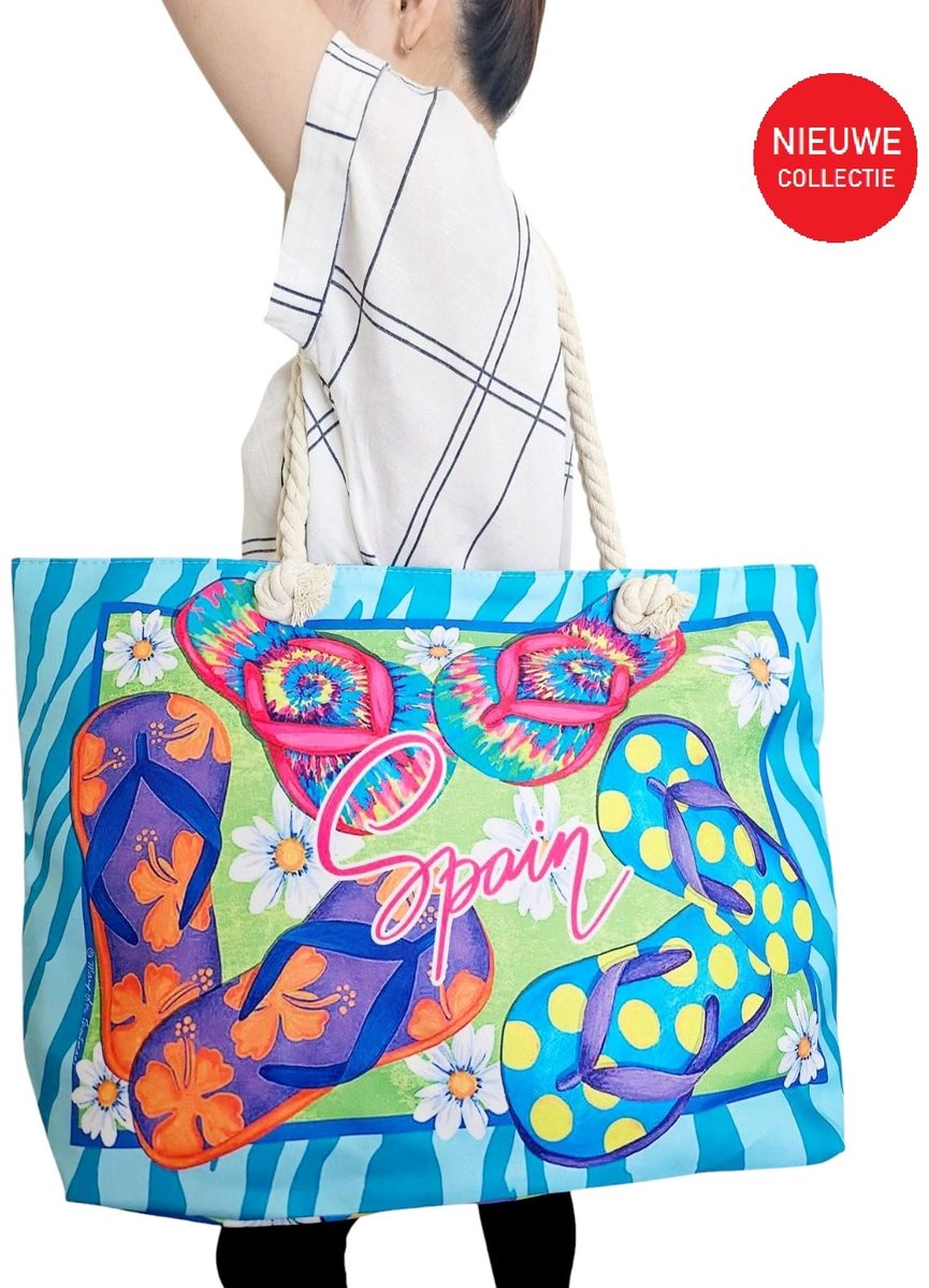 Big Shopper zomer Blauw- Grote Strandtas met ritssluiting- Weekendtas 55x35x16 cm - Shopper tas met ritsaansluiting