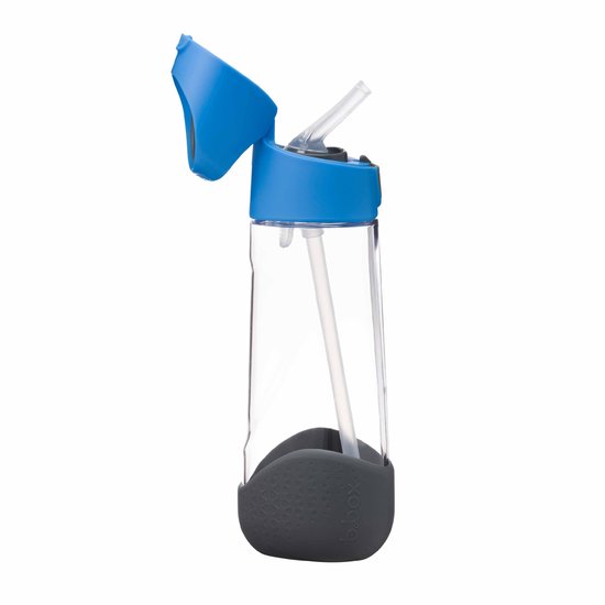 Gourde b.box bleue, couvercle ouvert, base grise.