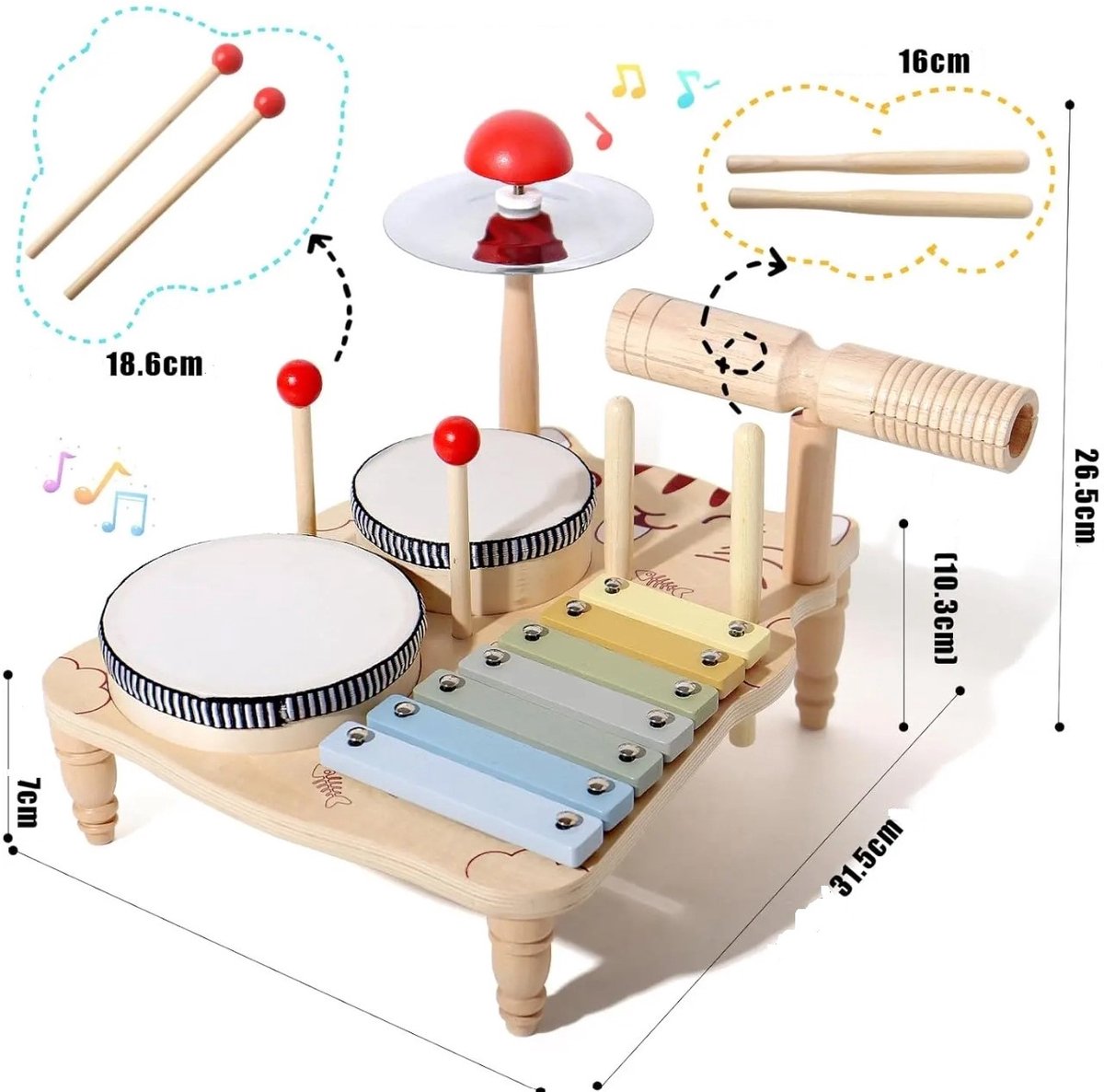 WoodyDoody Houten Muziek Montessori Speelgoed - Houten Speelgoed met Xylofoon en Drums - Kinderspeelgoed - Muziek Cadeau voor Kinderen - Tamboerijn - Speelgoedinstrumenten - Muziekset - Leerzaam Speelgoed - Sinterklaas cadeautjes jongens en meisjes — afbeelding 2