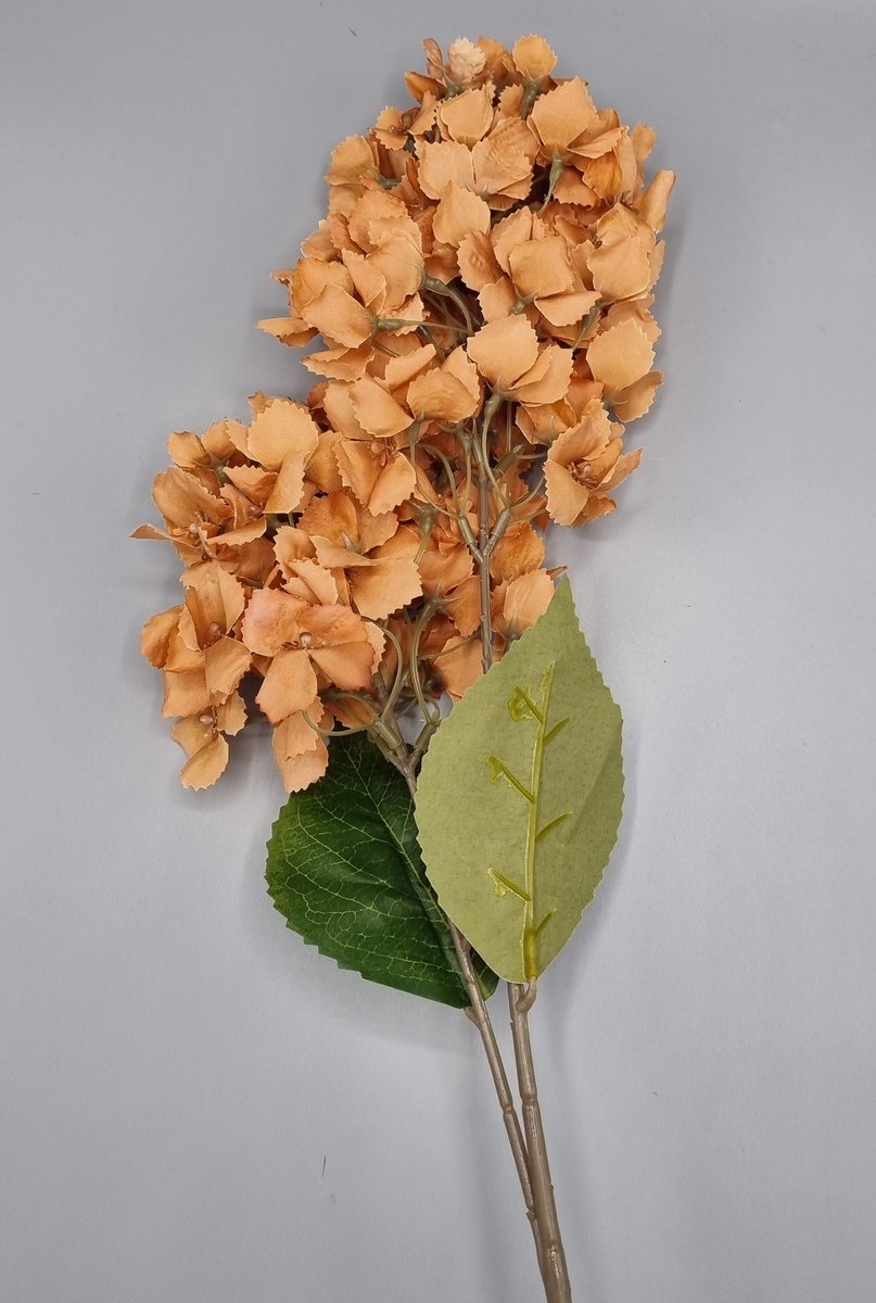 Hortensia - K498m/01 - 86 cm - Oranje/Bruin - 2 bloemen - 1 tak - Grafdecoratie - Zijdenbloemen - Kunstbloemen